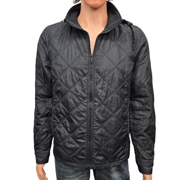 Zara Man Diamond Quilted Full Zip Jacket Packable Hood Men L Black Lightweight - Picture 2 of 12